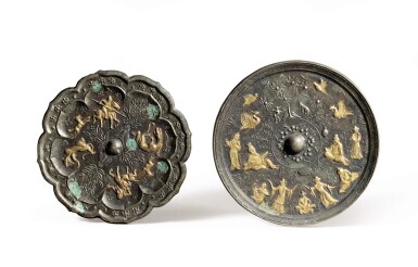 View full screen - View 1 of Lot 383. Two Tang-style parcel-gilt 'figural' bronze mirrors, China.
