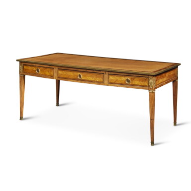 View full screen - View 1 of Lot 120. A Louis XVI Gilt-Tooled Brown Leather Lined Tulipwood and Kingwood Bureau Plat, Circa 1780 .