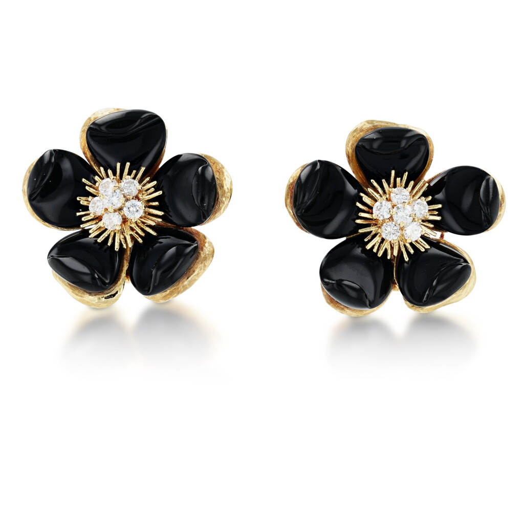 View full screen - View 1 of Lot 45. Pair of onyx and diamond ear clips, 'Clematis' | Paire de clips d'oreille onyx et diamants.