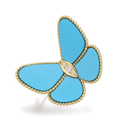 View full screen - View 1 of Lot 1. TURQUOISE AND DIAMOND BROOCH, 'BUTTERFLY' | VAN CLEEF & ARPELS.