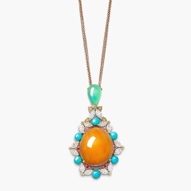 View full screen - View 1 of Lot 1256. Melo Pearl, Coloured Stone, Coloured Diamond and Diamond Pendant Necklace | 美樂珠 配 彩色寶石 及 彩色鑽石 及 鑽石 吊墜項鏈.