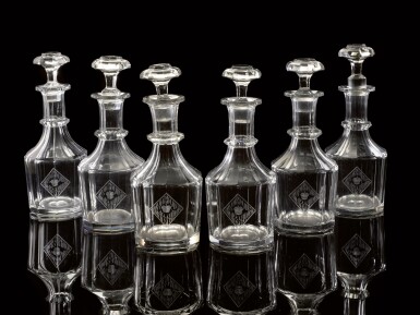 View full screen - View 1 of Lot 73. A SET OF SIX GLASS DECANTERS FROM THE GRAND DUKE MICHAEL MIKHAILOVICH BANQUET SERVICE, IMPERIAL GLASSWORKS, ST PETERSBURG, 19TH CENTURY.