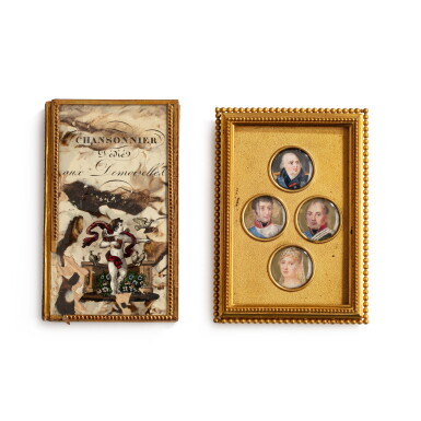 View full screen - View 1 of Lot 557. Four ivory miniatures in a gilt-frame representing the Royal family; a pocket book "Chansonnier dédié aux demoiselles", 19th century | Quatre miniatures en ivoire de la famille royale; chansonnier dédié aux Demoiselles, XIXe siècle.