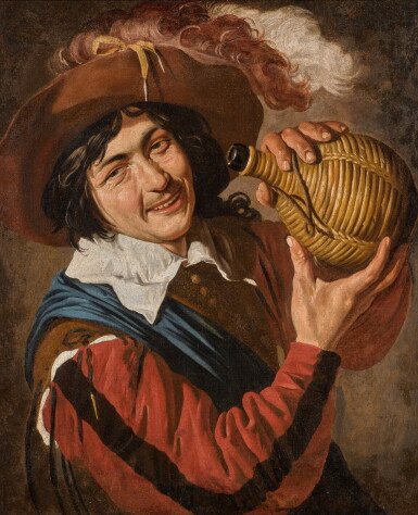 View full screen - View 1 of Lot 123. THEODOOR ROMBOUTS | A YOUNG MAN, WEARING A FEATHERED HAT AND HOLDING A WINE FLASK.