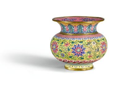 View full screen - View 1 of Lot 33. A PAINTED ENAMEL 'LOTUS' ZHADOU, QIANLONG MARK AND PERIOD | 清乾隆 銅胎畫琺琅纏枝蓮紋渣斗 《乾隆年製》款.