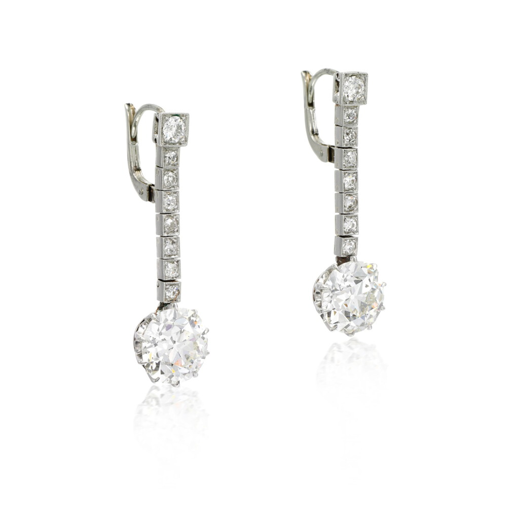 View full screen - View 1 of Lot 7. Pair of diamond earrings, early 20th century.