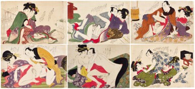 View full screen - View 1 of Lot 25. Attributed to Kitagawa Utamaro (1754-1806) | Six shunga woodblock prints | Edo period, 19th century .