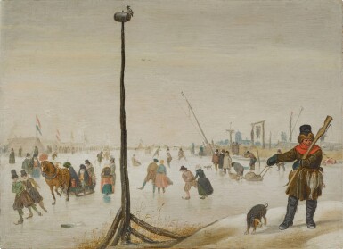 View full screen - View 1 of Lot 12. Winter landscape with a duck hunter and his dog, skaters on a frozen river, and a village beyond.