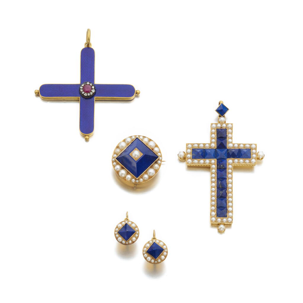 View full screen - View 1 of Lot 1147. Ruby, enamel and diamond pendant, circa 1842, a lapis lazuli and half-pearl demi-parure, circa 1879 and a lapis lazuli and half seed-pearl pendant.