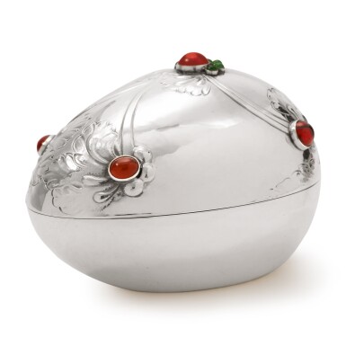 View full screen - View 1 of Lot 360. A DANISH SILVER AND HARDSTONE EGG BOX, NO. 1, DESIGNED BY GEORG JENSEN, GEORG JENSEN SILVERSMITHY, COPENHAGEN, CIRCA 1945-77.