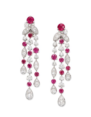 View full screen - View 1 of Lot 1613. GRAFF | 'RHYTHM' PAIR OF RUBY AND DIAMOND PENDENT EARRINGS | 格拉夫 | 'Rhythm' 紅寶石 配 鑽石 耳墜一對 (紅寶石及鑽石共重約7.03及6.67卡拉 ).