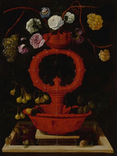 View full screen - View 1 of Lot 29. Still life of flowers and grapes in an elaborate ceramic vase, with snails along the bottom ledge.