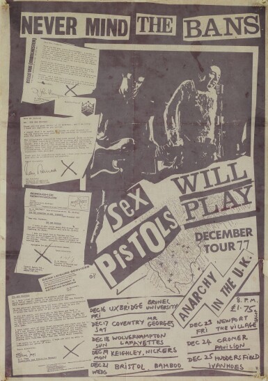 View full screen - View 1 of Lot 49. Jamie Reid | Never Mind the Bans, the Sex Pistols Will Play, promotional poster, 1977, owned by Sid Vicious.