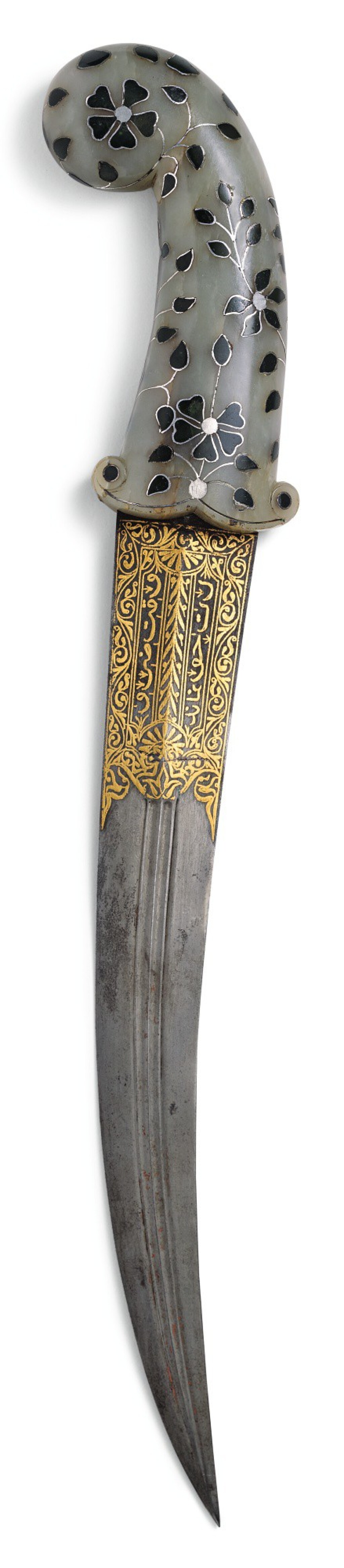 View full screen - View 1 of Lot 252. A MUHAL JADE AND SILVER-INLAID JADE-HILTED DAGGER (KHANJAR), INDIA, 18TH CENTURY.