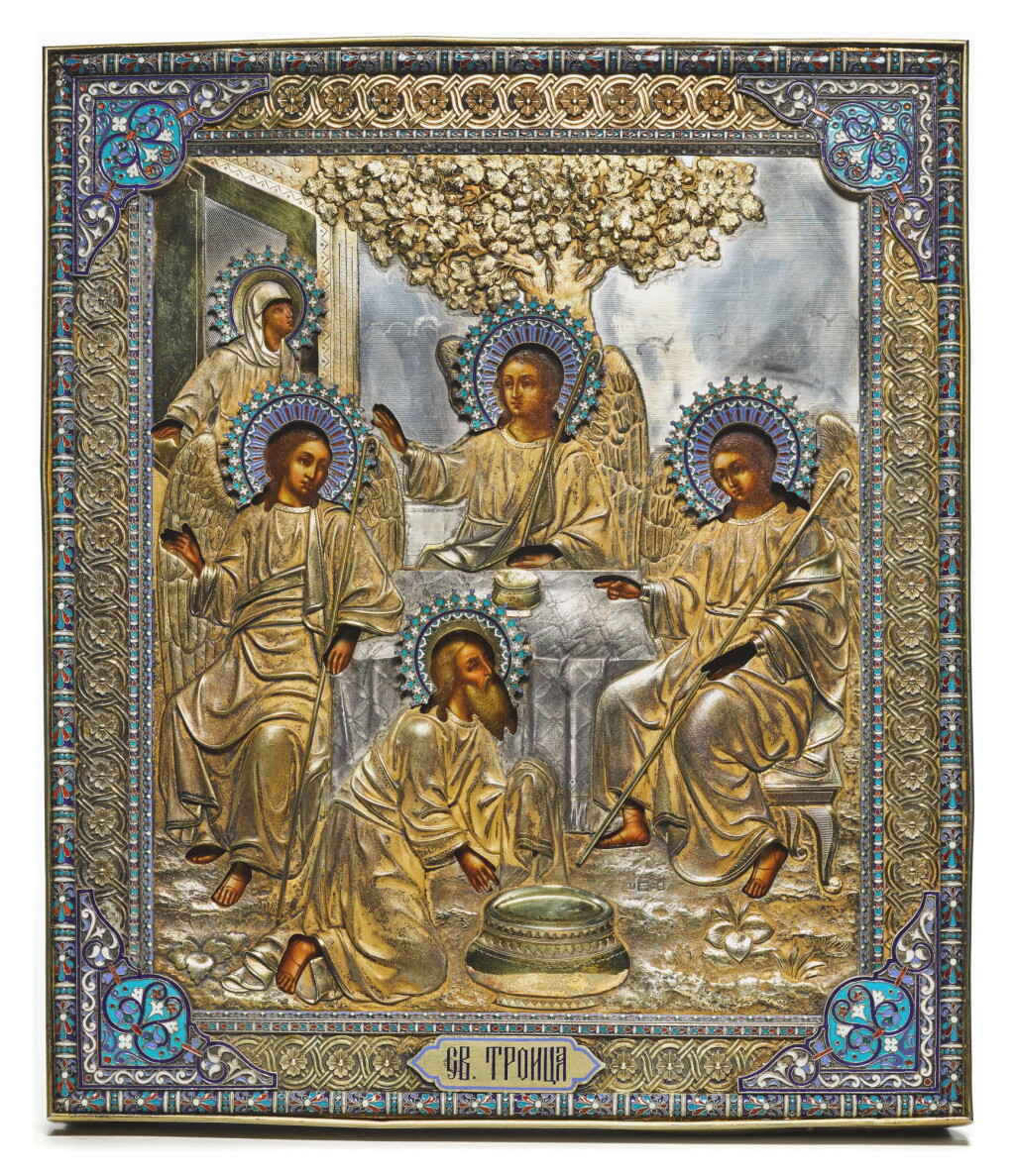View full screen - View 1 of Lot 218. A silver-gilt and cloisonné enamel icon of the Trinity, Antip Kuzmichev, Moscow, 1890.