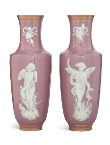 View full screen - View 1 of Lot 334. A PAIR OF SEVRES PORCELAIN PÂTE D'APPLICATION DUSKY-PINK-GROUND (FOND CHANGEANT) BALUSTER VASES, CIRCA 1872-74.