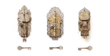 View full screen - View 1 of Lot 1084. A group of three South German Baroque iron and pierced-brass ‘Kapellenschlösser’ door locks and keys, 17th century.