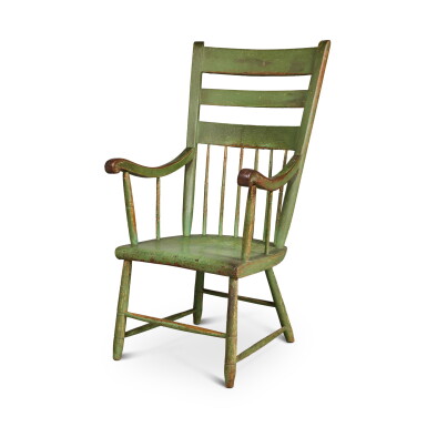View full screen - View 1 of Lot 21. Green-Painted Thumb-Back Windsor Armchair, Probably Pennsylvania, Circa 1825.