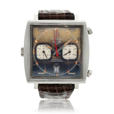 View full screen - View 1 of Lot 52. Reference 1133 Monaco, A stainless steel chronograph wristwatch with date and tropical dial, Circa 1970 .