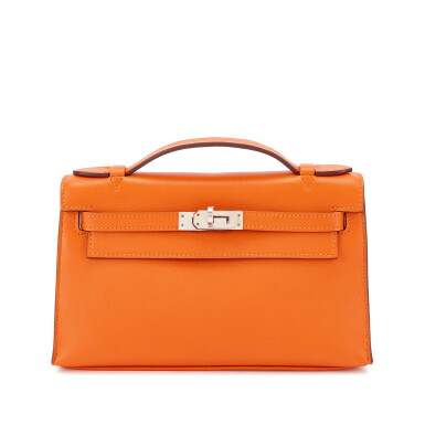 View full screen - View 1 of Lot 605. Orange Swift Kelly Pochette Palladium Hardware, 2011.