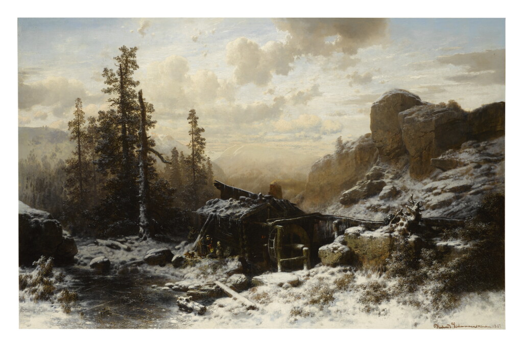 View full screen - View 1 of Lot 1137. RICHARD ZIMMERMANN | A MILL IN A MOUNTAINOUS WINTER LANDSCAPE.