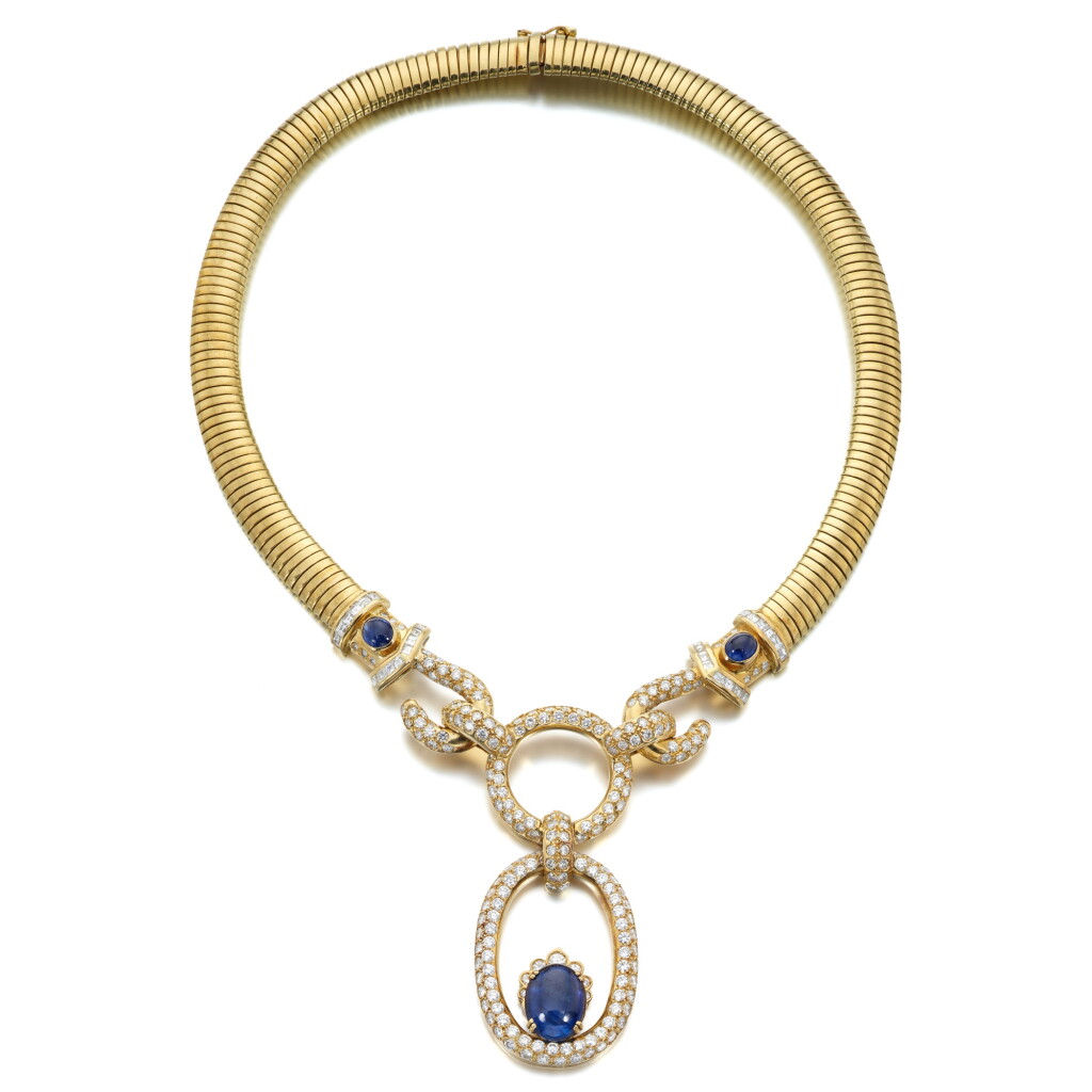 View full screen - View 1 of Lot 851. Gold, Sapphire and Diamond Necklace.