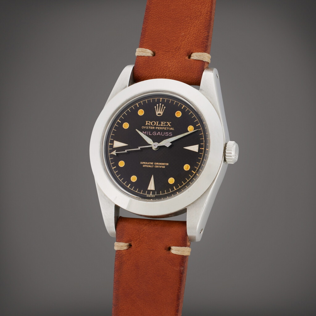 View full screen - View 1 of Lot 102. Reference 6541 Milgauss | A stainless steel anti-magnetic wristwatch with honeycomb dial, Circa 1959.