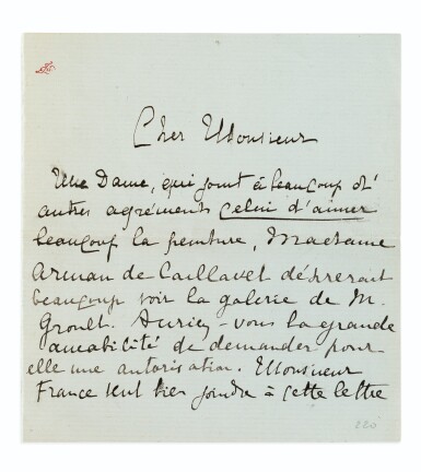 View full screen - View 1 of Lot 279. Lettre à Montesquiou (1894), sollicitant pour Mme de Caillavet une invitation ; qqs. lignes ms d'A. France  .