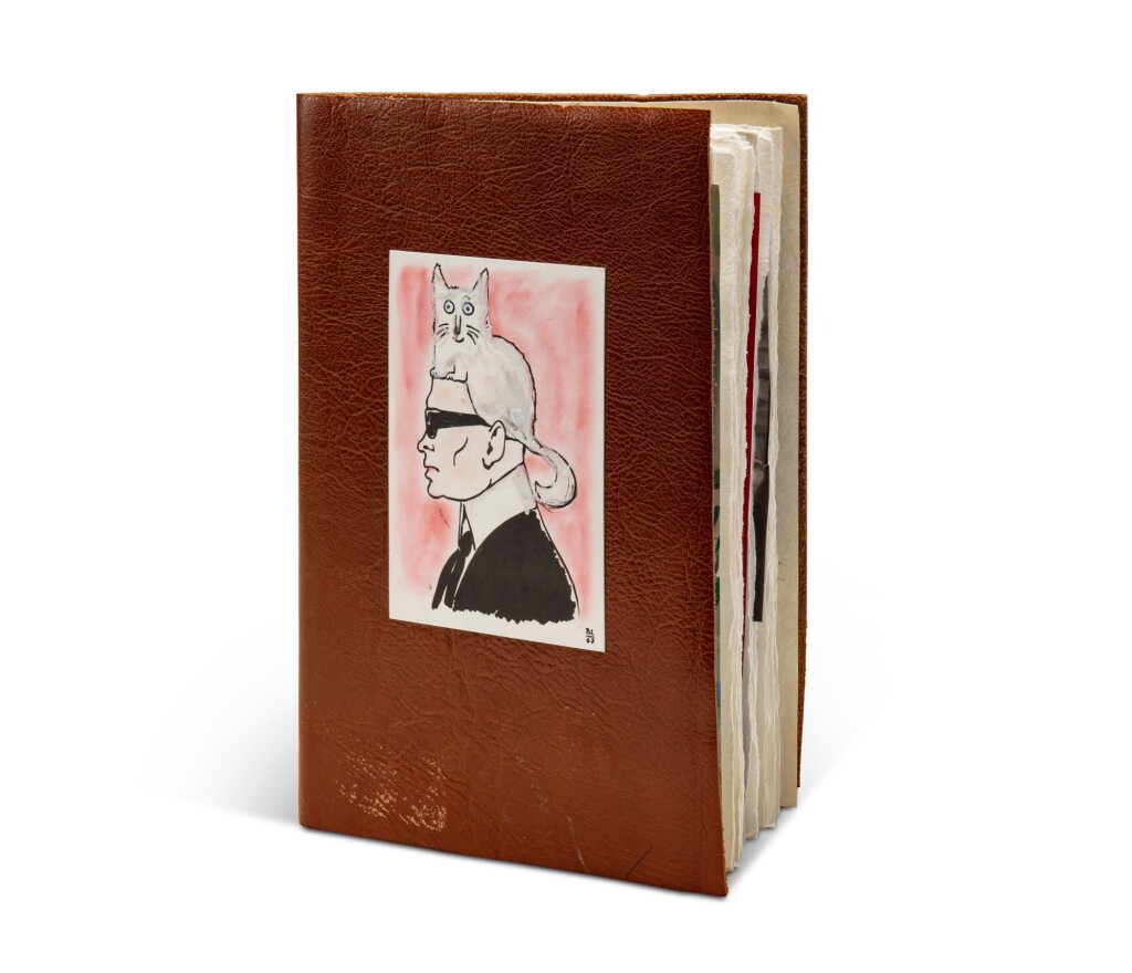 View full screen - View 1 of Lot 21. Inspiration notebook, a print with eyeshadow and marker pen signed with a BL monogram and dated 67, on a leather cover.