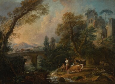 View full screen - View 1 of Lot 178. NICOLAS JACQUES JULLIARD | A pastoral landscape with herders and their animals resting beside a river, a bridge beyond.