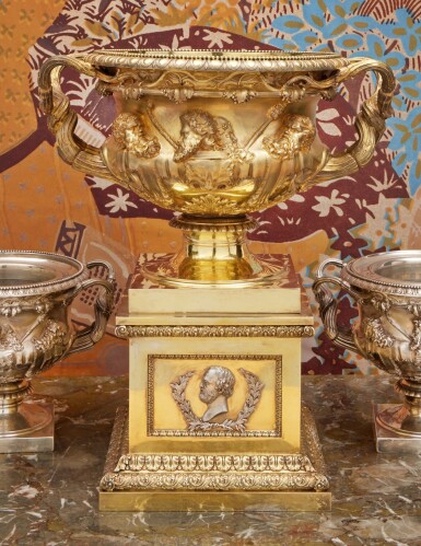 View full screen - View 1 of Lot 37. A George IV Silver-Gilt Warwick Vase on Stand, Paul Storr, London, 1823.