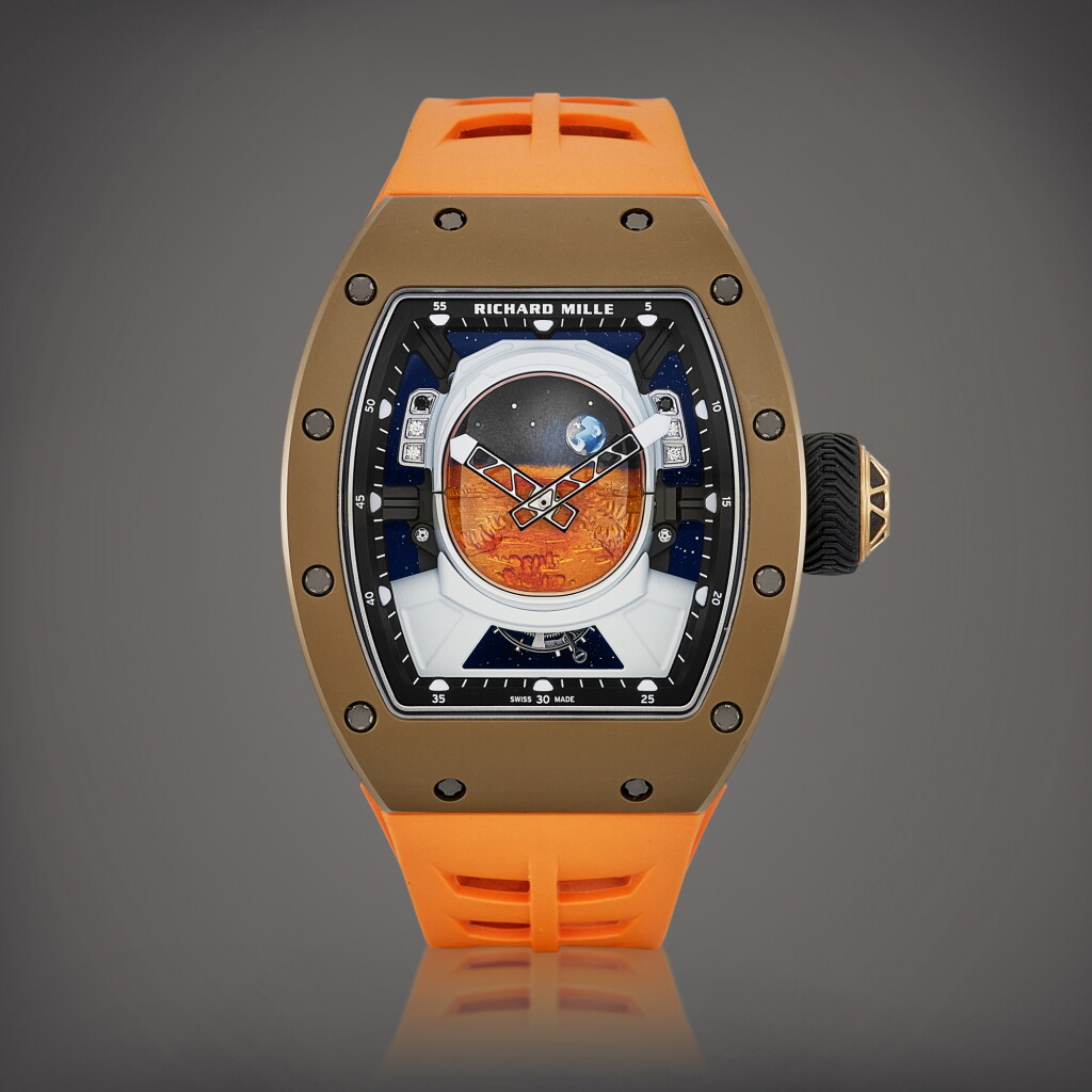 View full screen - View 1 of Lot 2294. Pharrell Williams, Reference RM52-05 | A limited edition brown cermet, diamond and black sapphire-set tourbillon wristwatch with titanium and enamel dial depicting an astronaut's helmet, Circa 2020 | Richard Mille | PHARRELL WILLIAMS 型號RM52-05 | 限量版棕色金屬陶瓷鑲鑽石及黑色藍寶石陀飛輪腕錶,備鈦金屬及琺瑯宇航員頭盔錶盤,約2020年製.