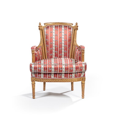 View full screen - View 1 of Lot 744. A Louis XVI giltwood bergère, circa 1770, in the manner of Georges Jacob.