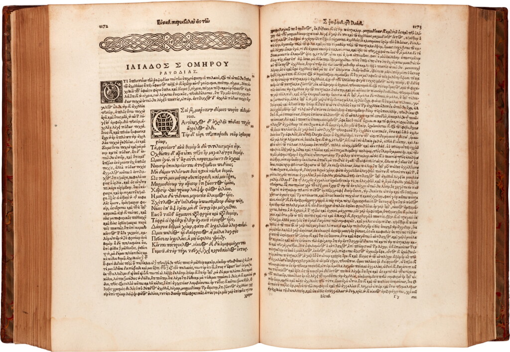 View full screen - View 1 of Lot 76. Eustathius, Parekbolai eis ten Omerou Iliada kai Odusseia, Basel, 1560, 3 volumes, old calf gilt.