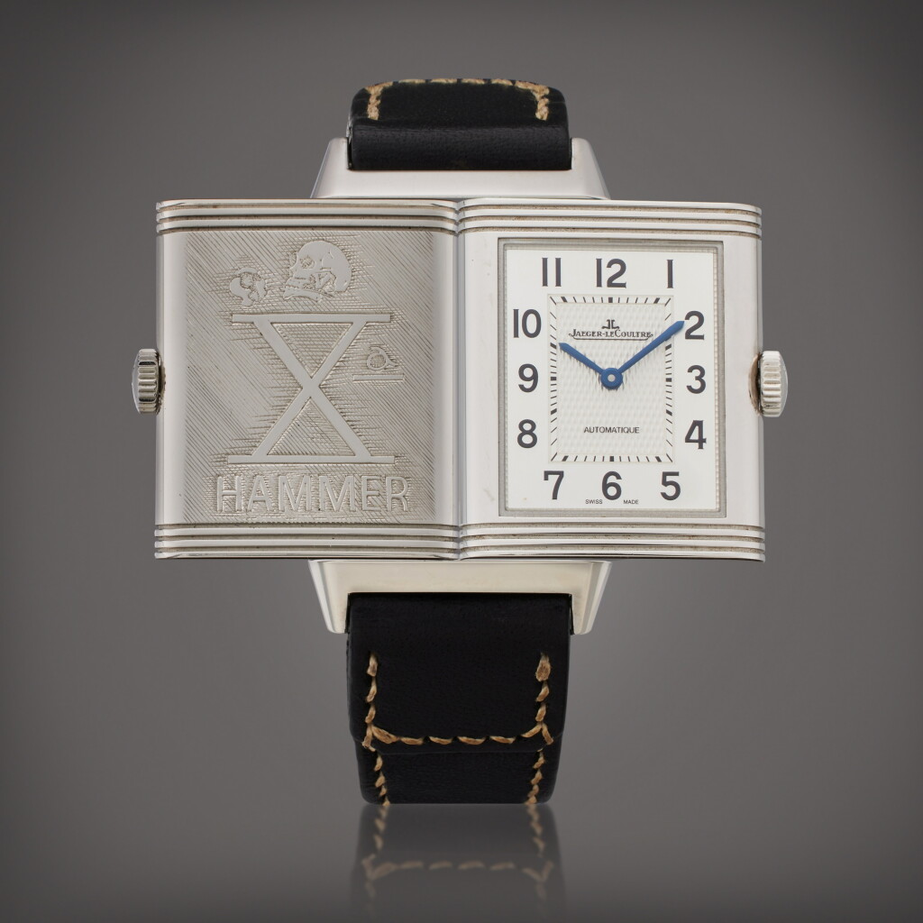 View full screen - View 1 of Lot 117. Reference Q3828420 Reverso | A stainless steel automatic reversible wristwatch with special Decima 'Hammer' engraving, Circa 2017 | The Hammer Collection.