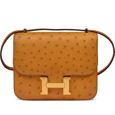 View full screen - View 1 of Lot 70. Gold Ostrich Mini Constance 18 Gold Hardware, 2023.