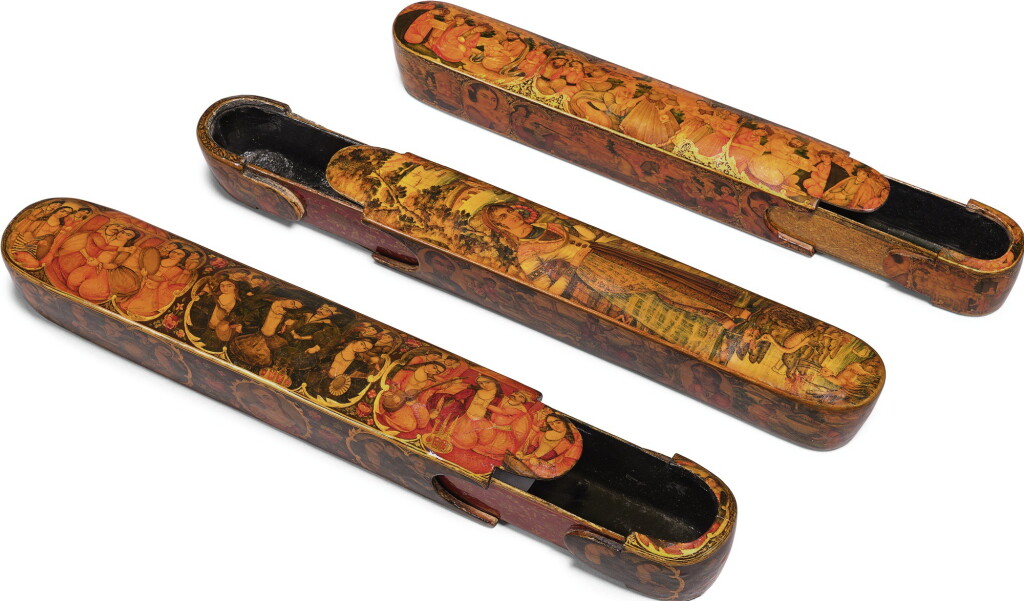 Voir en plein écran - Voir 1 du lot 165. THREE QAJAR LACQUER PEN BOXES, PERSIA, 19TH CENTURY, ONE SIGNED BY 'YA SHAH NAJAF' AND DATED 1273 AH/1856 AD, ANOTHER SIGNED 'RAFI’ AL-HUSAYNI’.