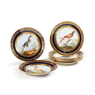 View full screen - View 1 of Lot 147. Six Paris (Darte) porcelain ornithological blue-ground cabinet plates, circa 1820.