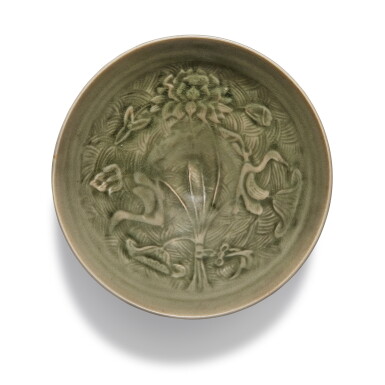 View full screen - View 1 of Lot 158. A rare 'Yaozhou' celadon-glazed 'geese and peony' bowl, Northern Song / Jin dynasty | 北宋 / 金 耀州窰青釉瑞鵝牡丹紋盌.