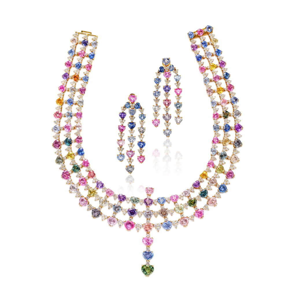 View full screen - View 1 of Lot 333. Coloured Sapphires and Diamond Demi-Parure | Adler | 彩色剛玉 配 鑽石 項鏈 及 耳環套裝.