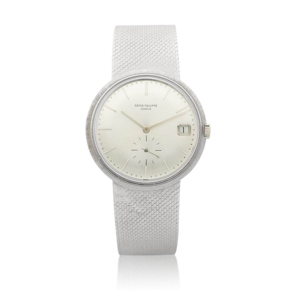 View full screen - View 1 of Lot 8055. Reference 3445 | A white gold bracelet watch with date, Circa 1970 | 百達翡麗 | 型號3445 | 白金鏈帶腕錶,備日期顯示,約1970年製.