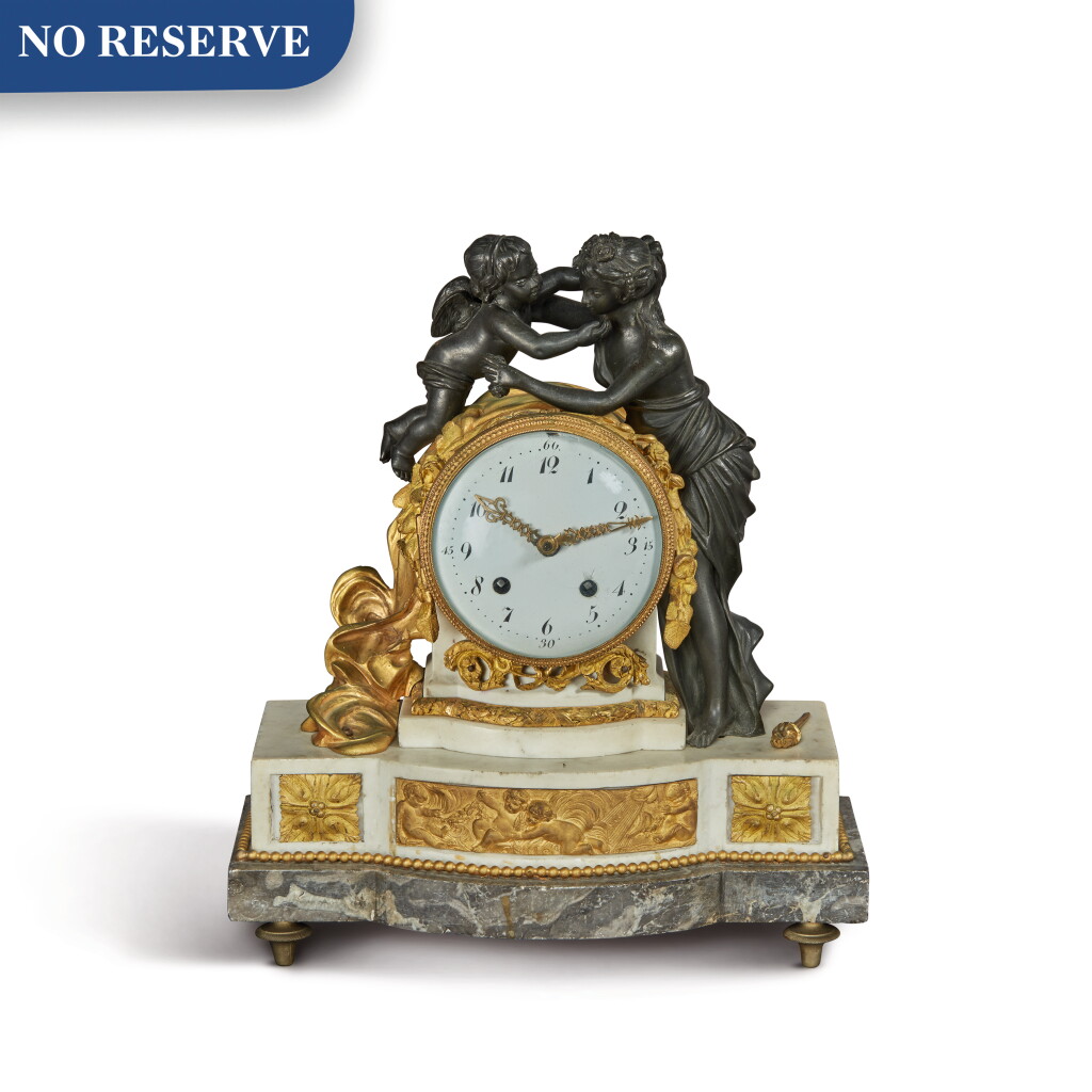 View full screen - View 1 of Lot 272. A LOUIS XVI STYLE GILT AND PATINATED BRONZE MARBLE MANTEL CLOCK, LATE 19TH CENTURY.