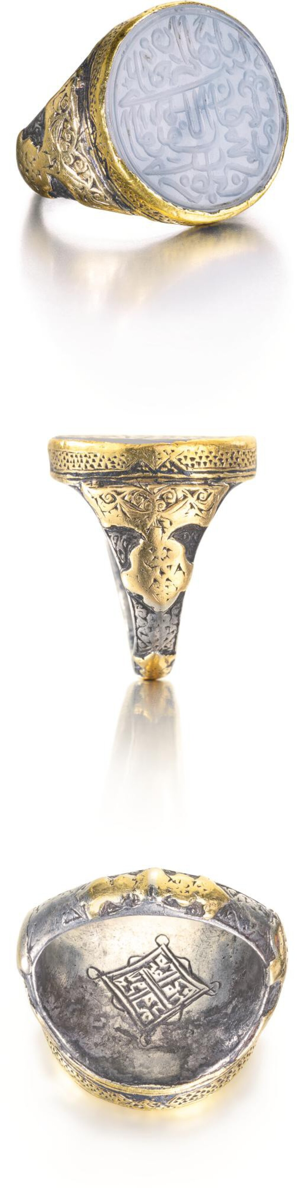 View full screen - View 1 of Lot 114. A SAFAVID AGATE-SET PARCEL-GILT SEAL RING, PERSIA, 16TH CENTURY.