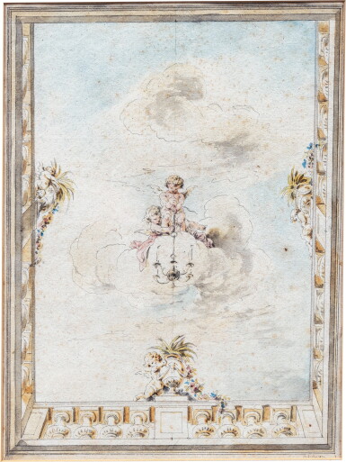 View full screen - View 1 of Lot 835. Design for a Ceiling Decoration with Putti holding a Chandelier.