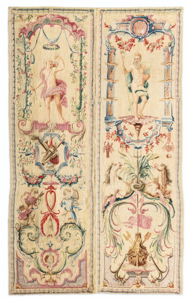 View full screen - View 1 of Lot 73. TWO GOBELINS TAPESTRIES "PORTIÈRES" FROM THE "DOUZE MOIS GROTESQUES" SERIES, AFTER THE DESIGN OF CLAUDE AUDRAN LE JEUNE, ANTOINE WATTEAU AND ALEXANDRE-FRANÇOIS DESPORTES, LOUIS XV, FIRST HALF OF THE 18TH CENTURY | DEUX PORTIÈRES EN TAPISSERIE DE LA MANUFACTURE DES GOBELINS TIRÉES DE LA TENTURE DES "DOUZE MOIS GROTESQUES", D'APRÈS LES DESSINS DE CLAUDE AUDRAN LE JEUNE, ANTOINE WATTEAU ET ALEXANDRE-FRANÇOIS DESPORTES, D'ÉPOQUE LOUIS XV, DEUXIÈME QUART DU XVIIIE SIÈCLE.