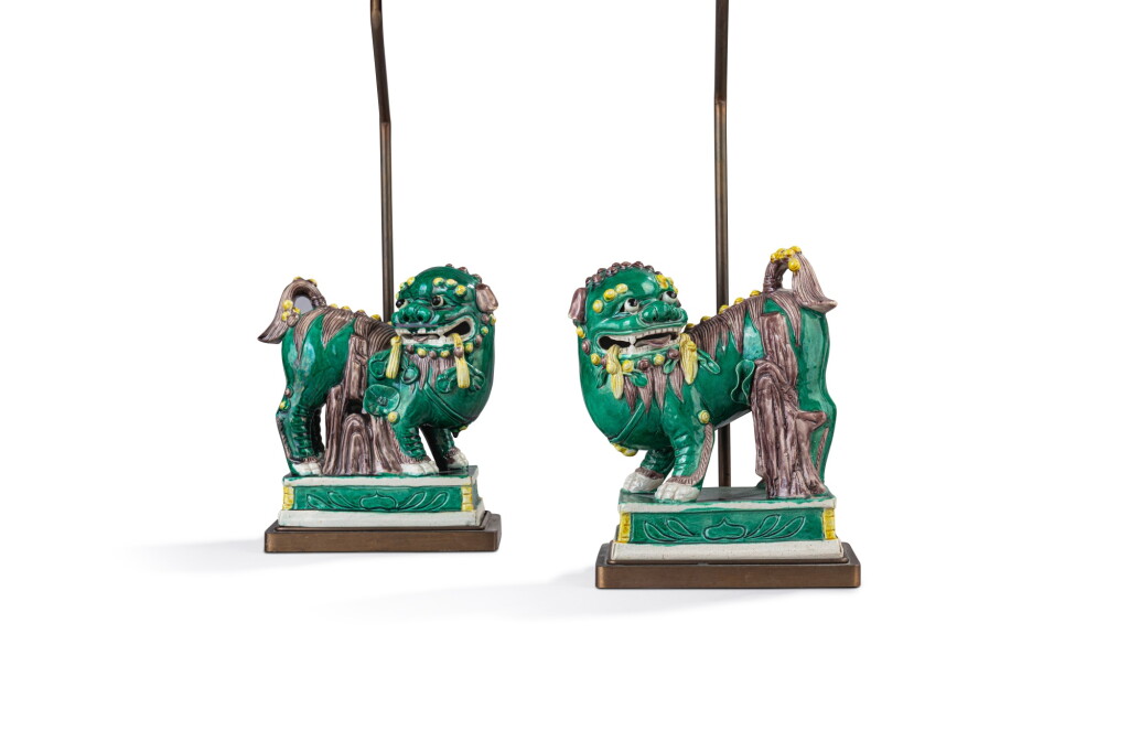 View full screen - View 1 of Lot 795. A pair of Chinese ceramic Buddhist lions mounted as a pair of lamps, early 20th century.