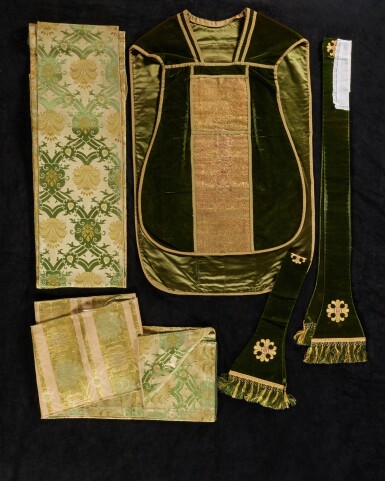 View full screen - View 1 of Lot 258. A green velvet chasuble with woven orphrey panel, with complementary accessories, Italy, early 16th century orphrey, later construction.
