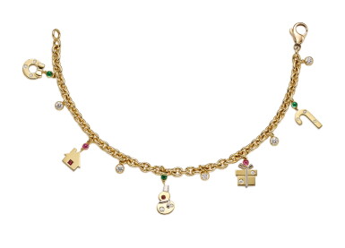 View full screen - View 1 of Lot 1433. GIMEL | GOLD, GEM SET AND DIAMOND CHARM BRACELET | Gimel | 18K黃金 配 寶石 及 鑽石 手鏈.