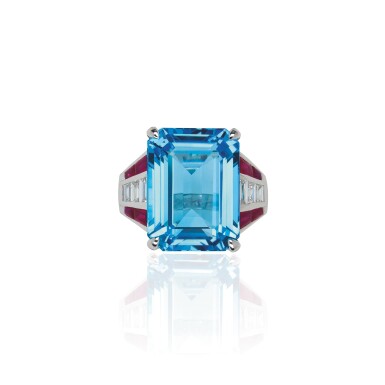View full screen - View 1 of Lot 28. BLUE TOPAZ, RUBY AND DIAMOND RING, MICHELE DELLA VALLE.