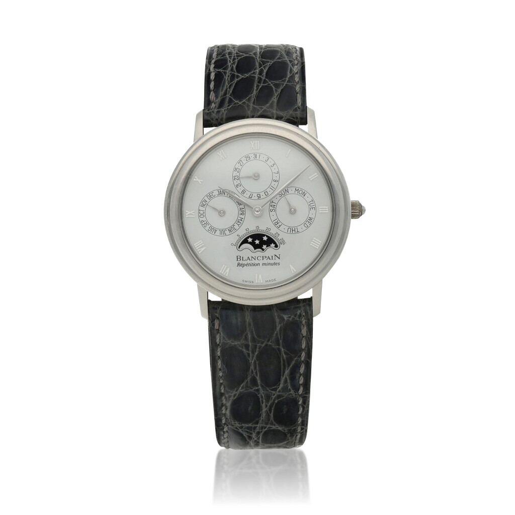 View full screen - View 1 of Lot 626. No. 1 Platinum minute repeating perpetual calendar wristwatch with moon phases and case made by Jean-Pierre Hagmann Circa 1987.